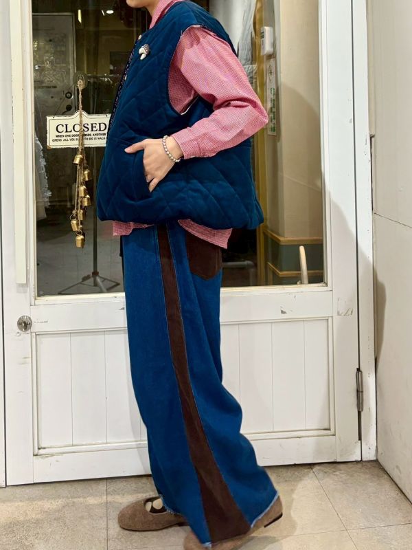 側邊細燈芯絨拼接牛仔褲 