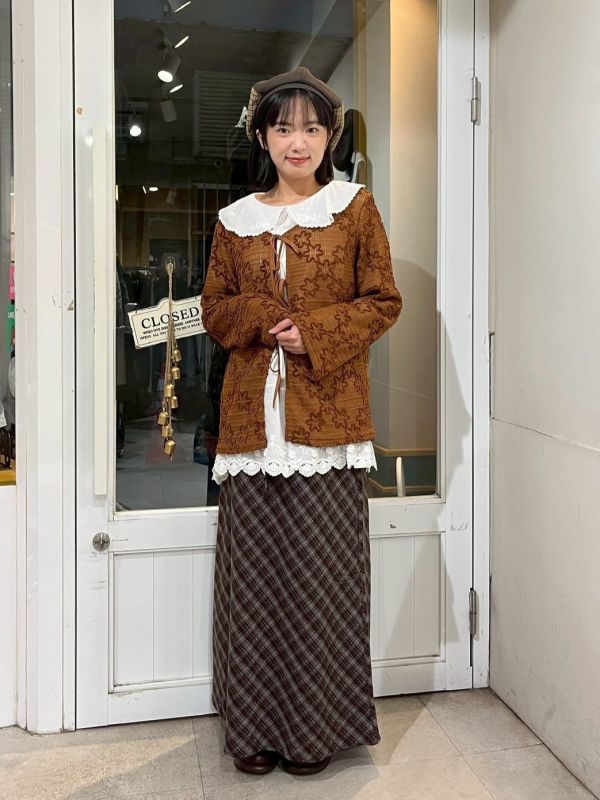 學院厚布格紋後鬆緊腰開衩長裙 