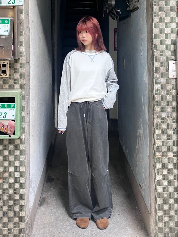 深灰綁帶牛仔打褶長褲 