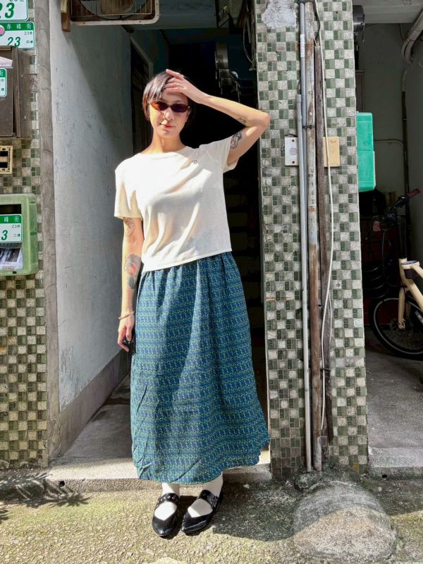 伸縮腰滿版黃色小花古著裙 