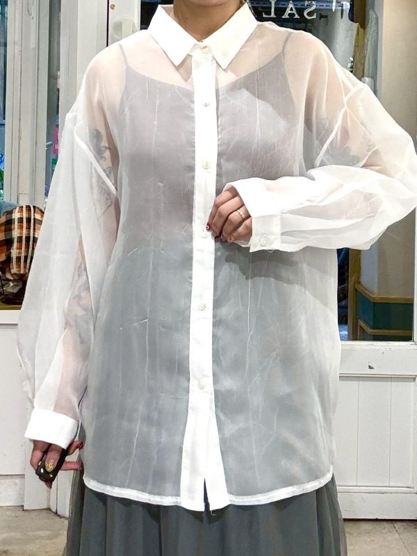 後開衩綁帶透膚襯衫 