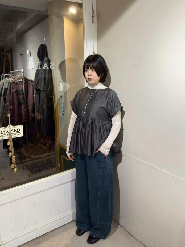 牛仔車線鬆緊腰繭型長褲 