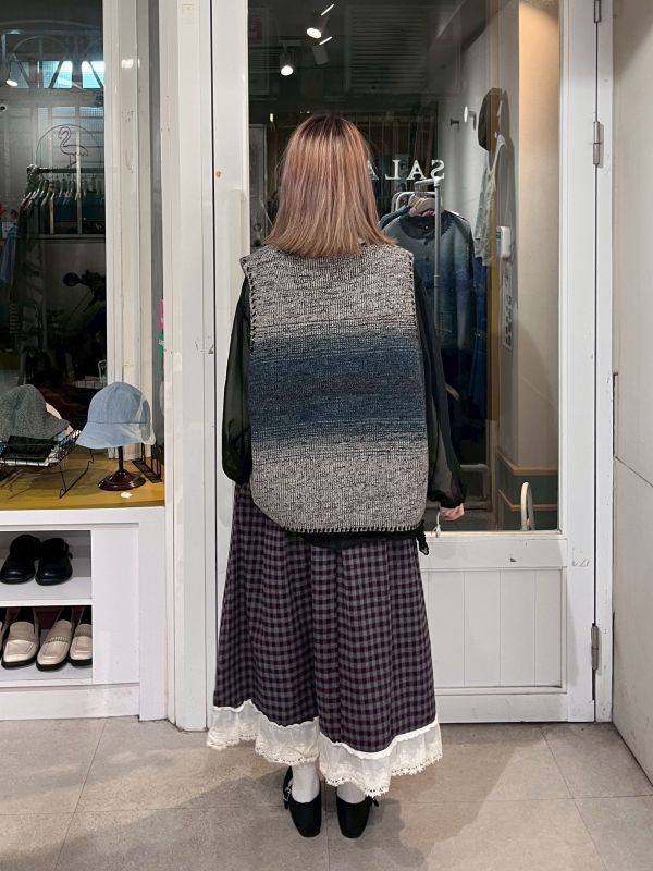 復古格紋拼接蕾絲長裙 