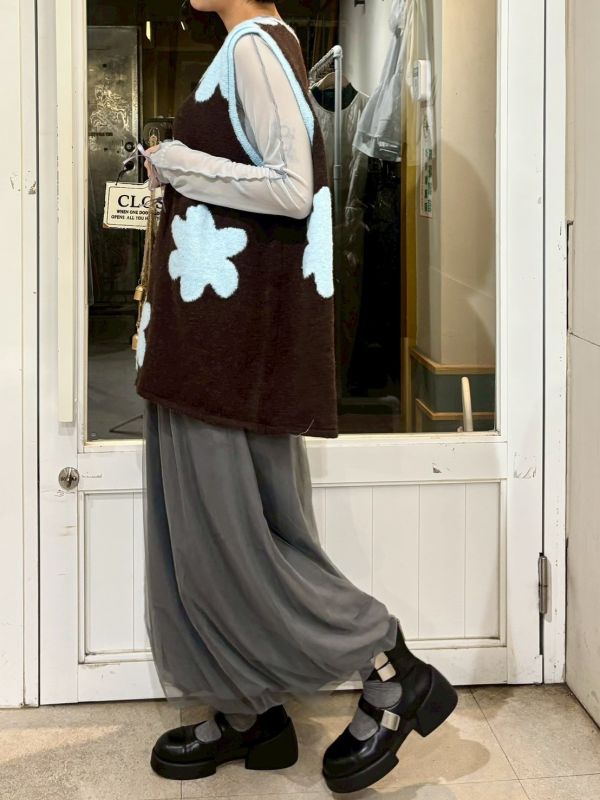 撞色藍花針織背心 