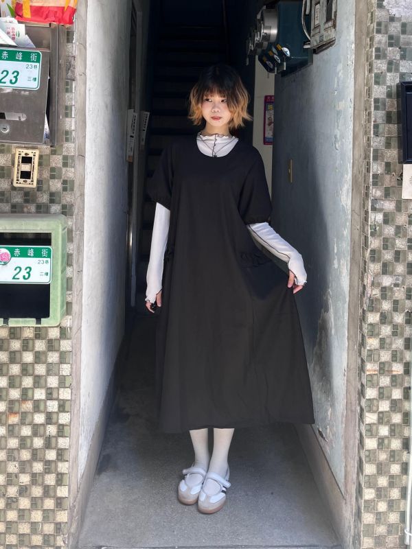 U領泡泡袖花邊口袋長版洋裝 