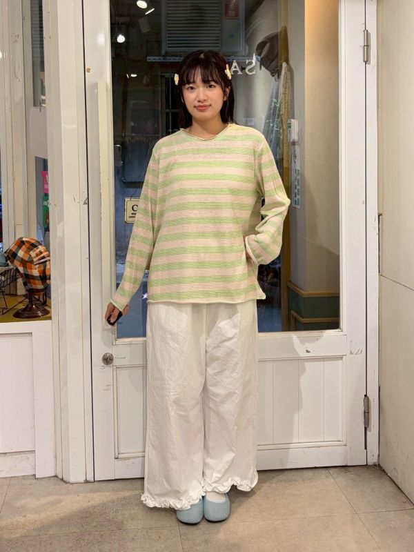 撞色橫條紋捲邊薄長袖 