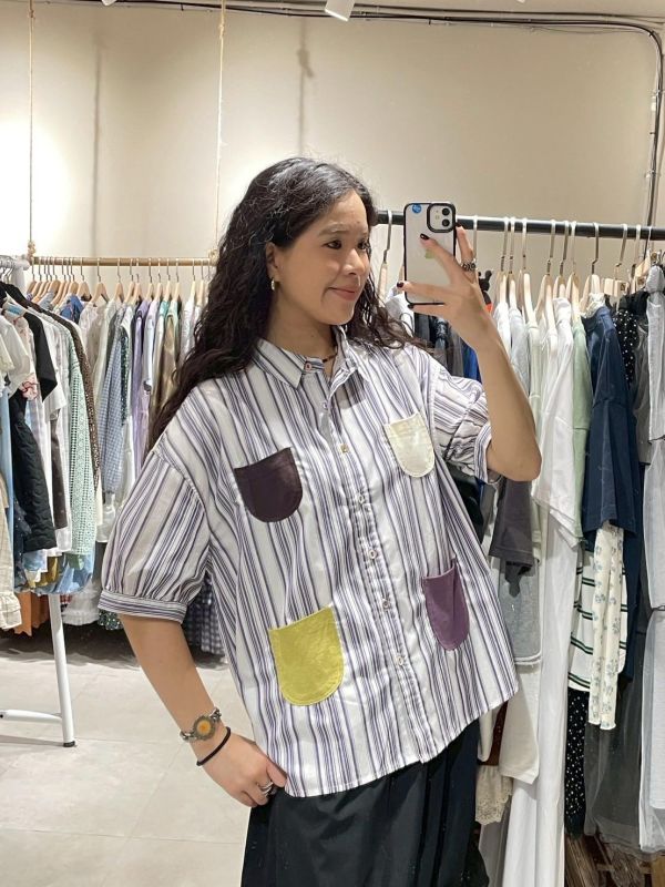 撞色多口袋條紋五分公主袖翻領前短後長襯衫 