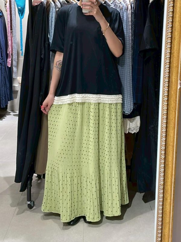 皺皺彈性草綠色長裙 