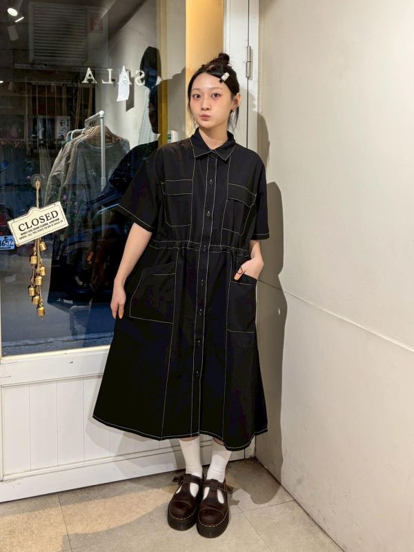 多口袋抽繩工裝長版襯衫洋裝 