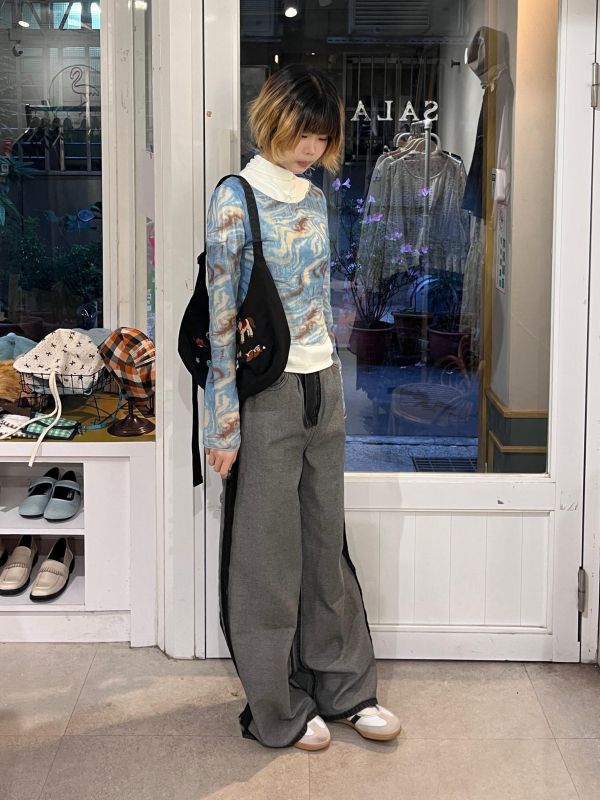 油畫渲染雙層透膚長袖上衣 