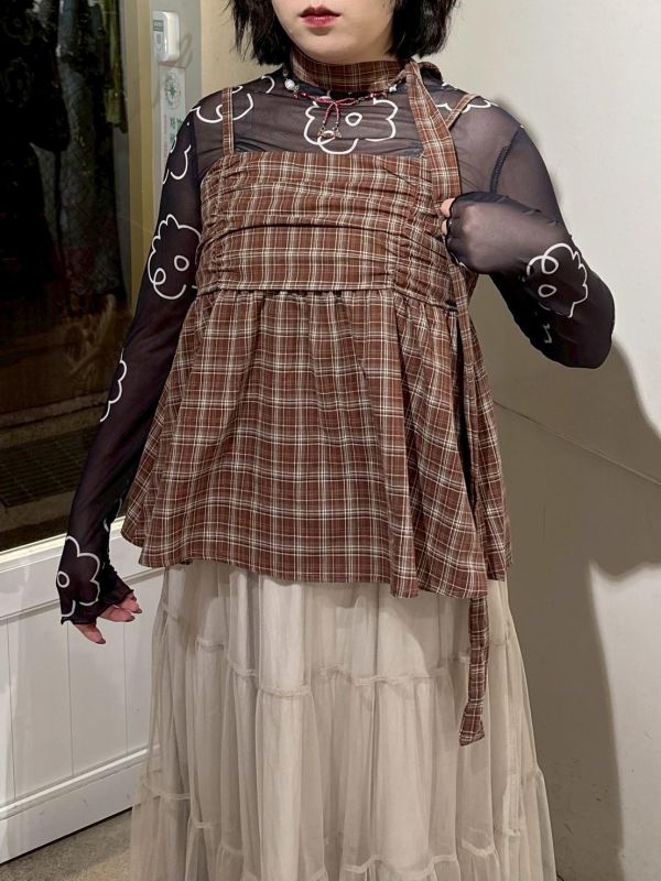 格紋抓皺散擺後鬆緊吊帶背心+綁帶 