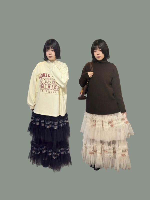 雙層紗奶油擠花拼接傘擺澎澎長裙 