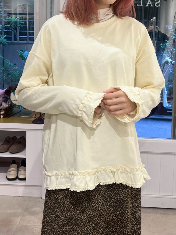奶油花邊棉質長袖上衣 