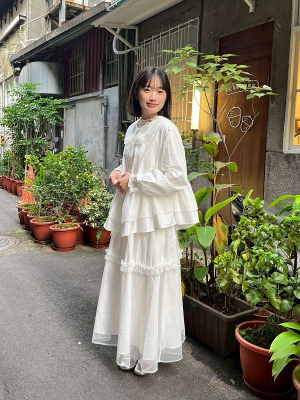 荷葉拼接雙層下擺內鬆緊腰紗裙 