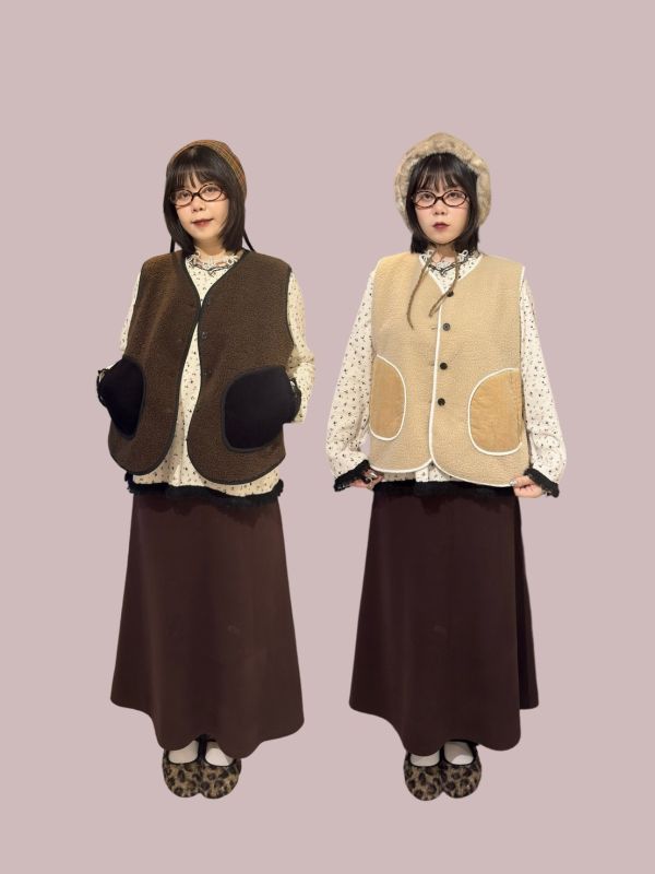 QQ毛排扣燈芯絨拼接口袋背心 