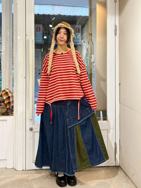 鬆緊腰異材質拼接傘狀牛仔裙 