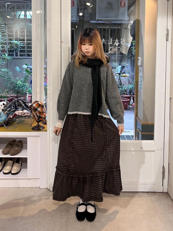 復古格紋擠花魚尾長裙 