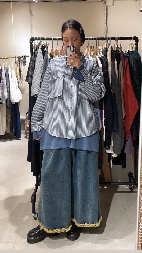 藍色條紋立體口袋襯衫 