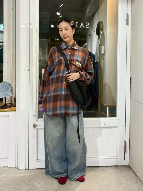 落肩橘藍棕格紋襯衫 