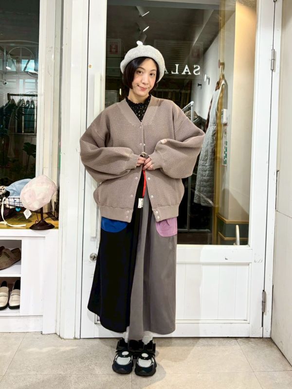 鬆緊腰紅色抽繩撞色大口袋拼接裙 