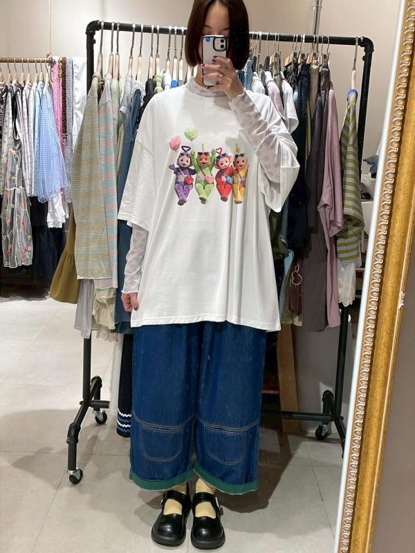 褲腳反折拼接繭型九分褲牛仔寬褲 