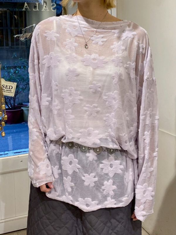 立體絨滿版花花透露長袖上衣 