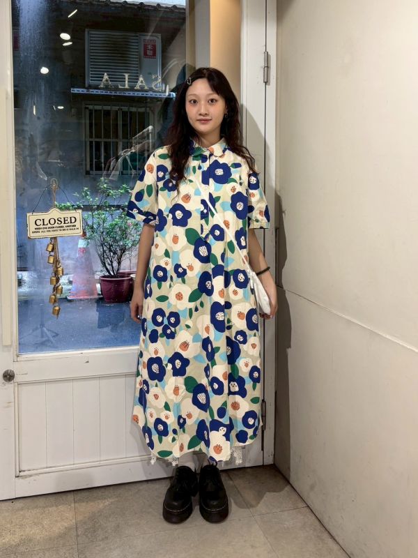 藍橘花花撞色洋裝 