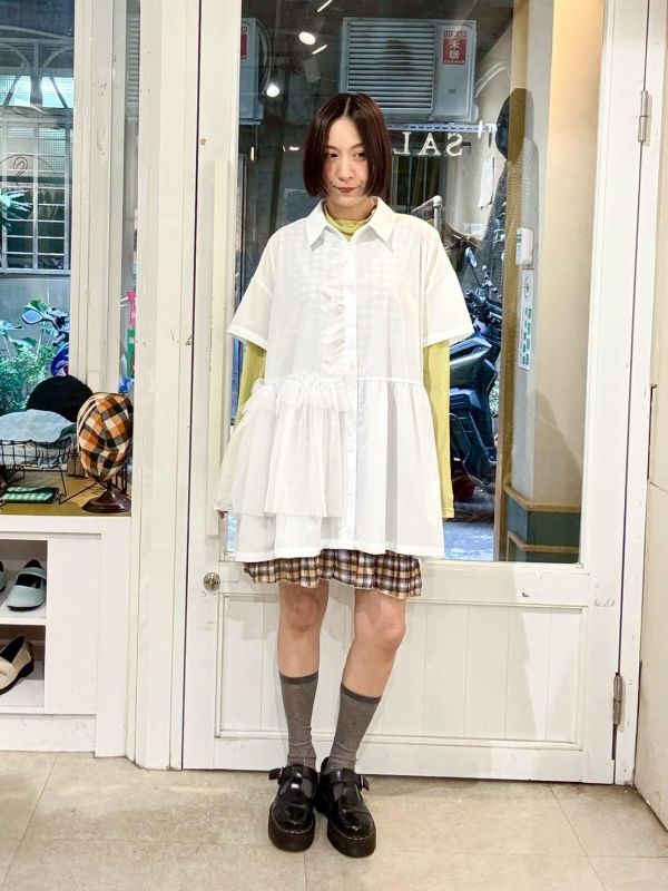 設計感抓皺紗拼接短袖襯衫 