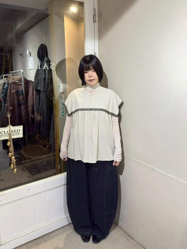 牛仔車線鬆緊腰繭型長褲 