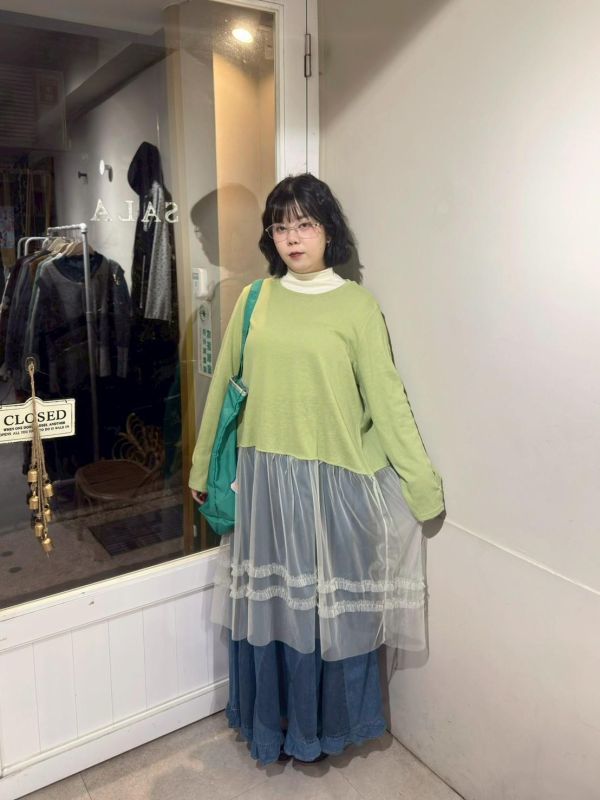 針織花釦長袖拼接滾邊紗洋裝 