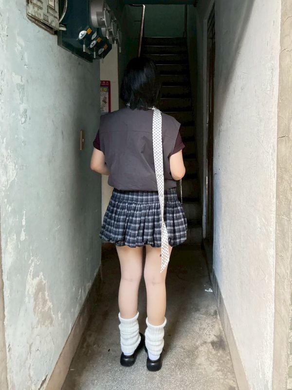 格紋氣球短褲裙附皮帶 