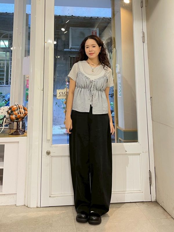 兩件式透膚短袖上衣x可調節細肩抓皺直條紋小背心 