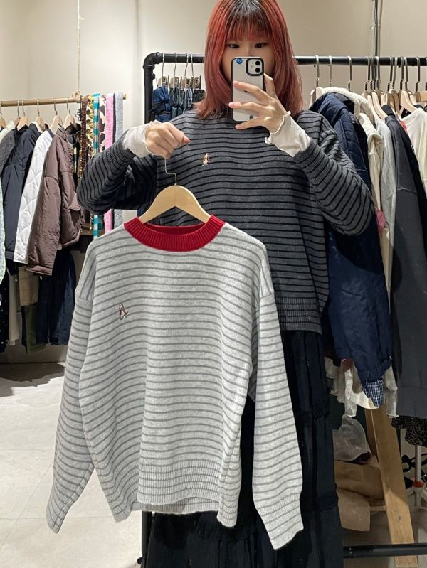 狗狗刺繡條紋針織長袖毛衣 