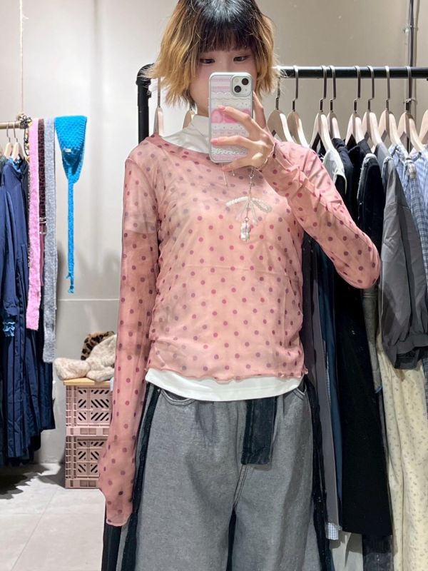 彩色波點渲染透膚長袖上衣 