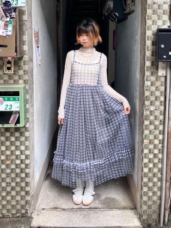 格子雙層紗吊帶背心裙 