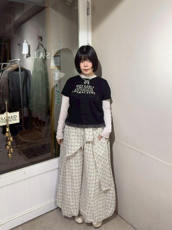 不對稱造型抽繩格紋氣球褲 