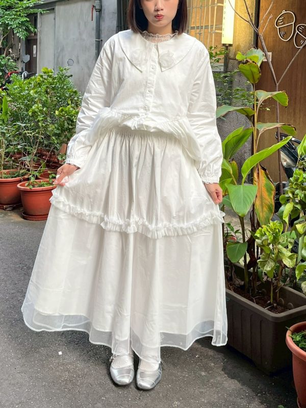 荷葉拼接雙層下擺內鬆緊腰紗裙 