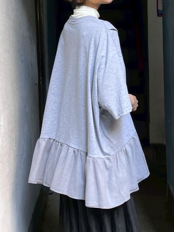 假兩件背心拼接紗落肩短袖上衣 