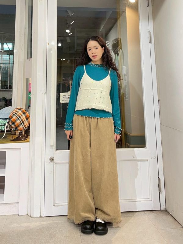 立體彩色珠珠小花撞色滾邊細肩小背心 