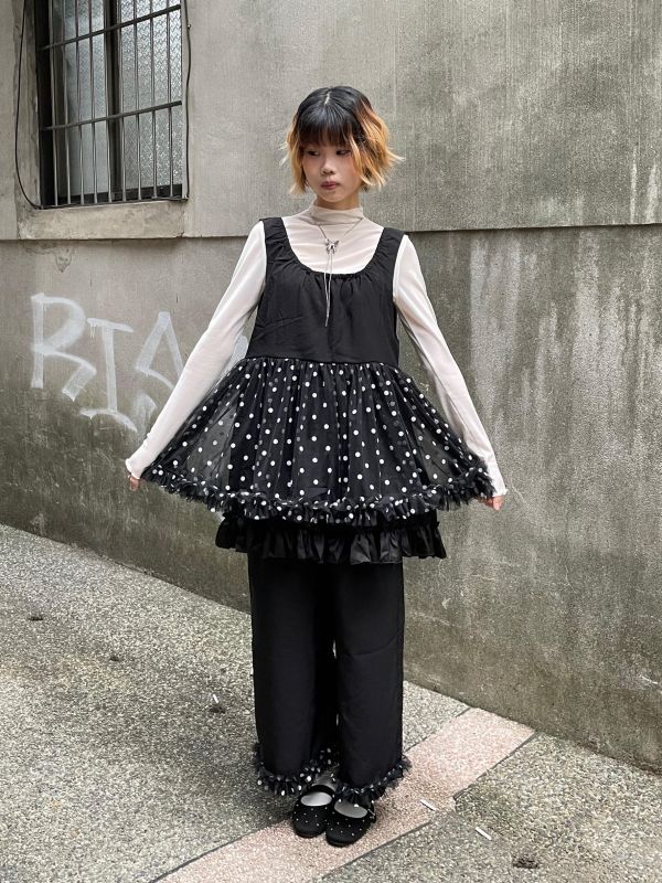 拼接波點雙層紗紗寬肩帶背心 