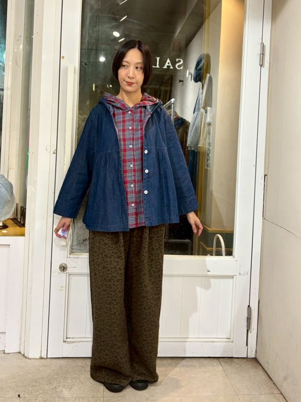 假兩件牛仔內裡格紋連帽襯衫 