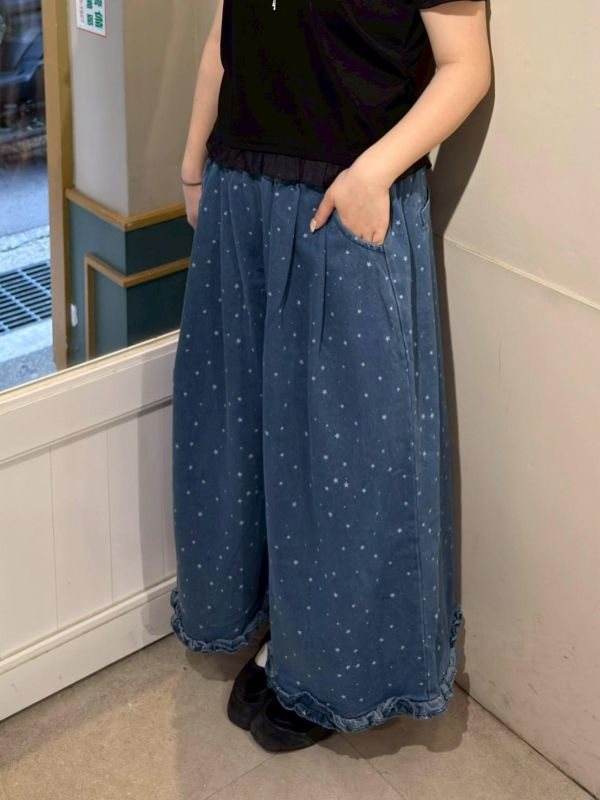 小星星荷葉滾邊鬆緊腰九分牛仔褲 