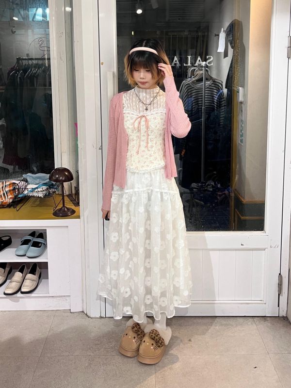 碎花蕾絲馬甲吊帶背心+針織單扣罩衫 