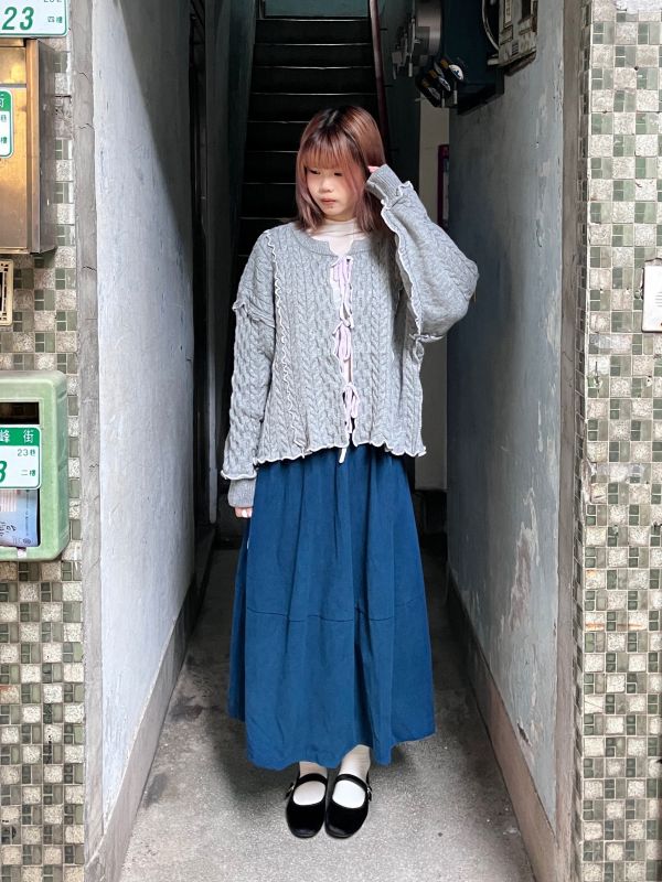 粗針織毛線撞色滾邊綁帶長袖外套 