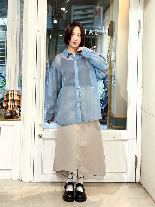 後開衩綁帶透膚襯衫 