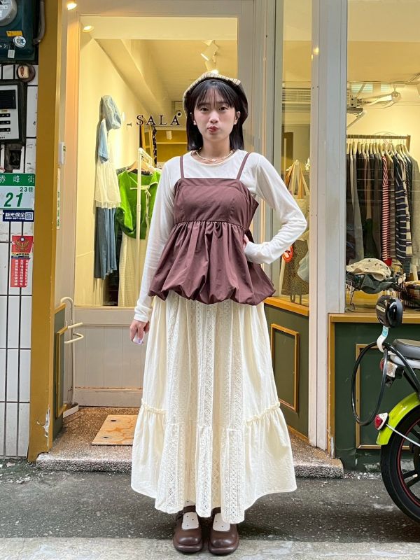 刷刷布氣球蓬蓬背心+彈性圓領長袖上衣 