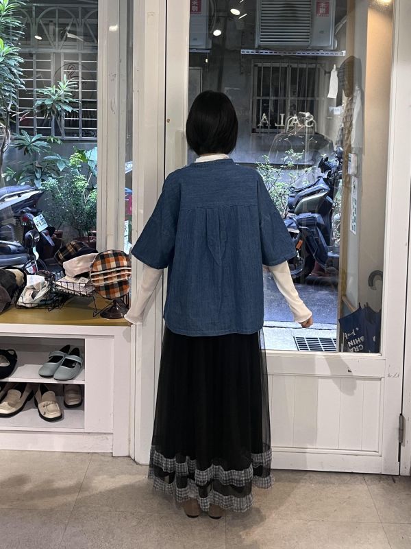 牛仔立體抽鬚毛邊設計感襯衫 