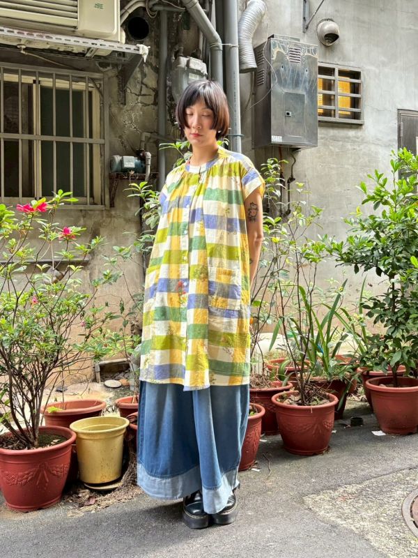 手繪花園黃綠大方格長襯衫 