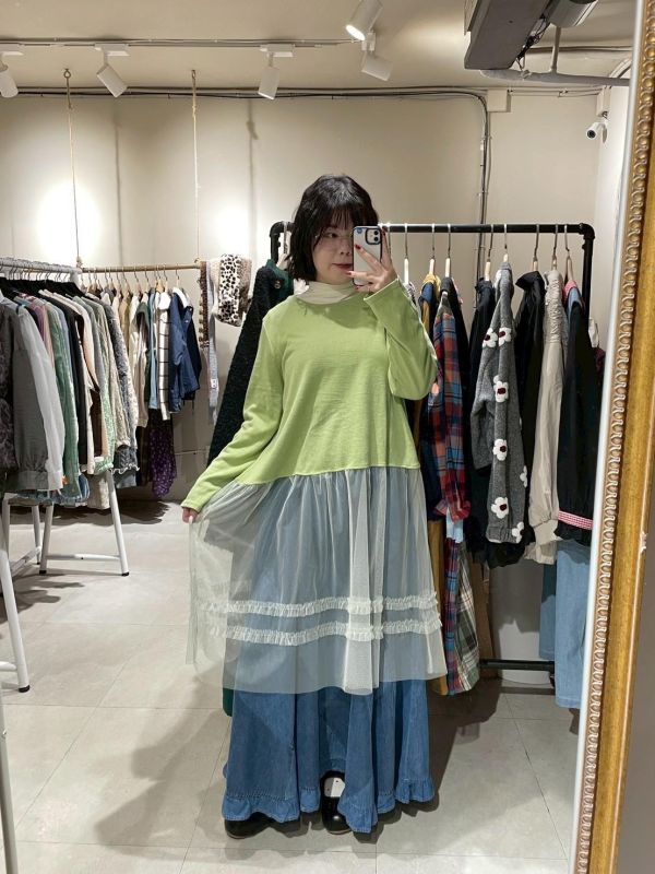 針織花釦長袖拼接滾邊紗洋裝 