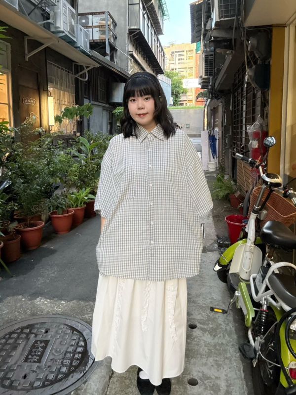 寬鬆泡泡布格紋襯衫 
